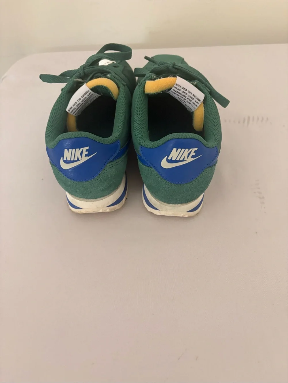 Nike Green Suede Sneakers with Blue Swoosh and Cream Tongue